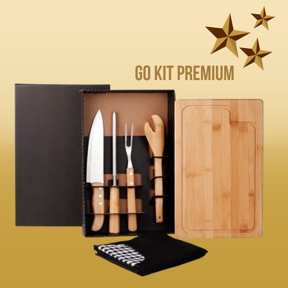 KIT PARA CHURRASCO EM BAMBU COM AVENTAL E TÁBUA COM SULCO