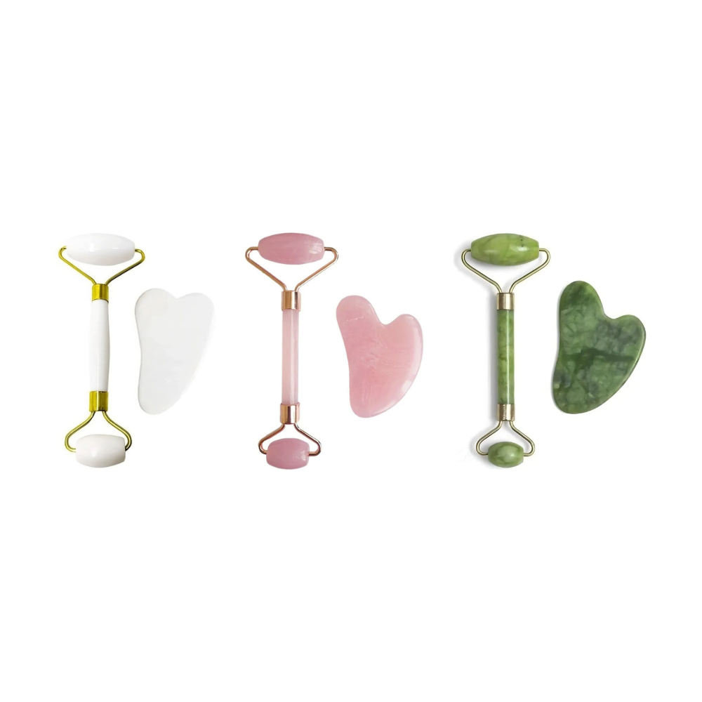Rolo Massageador Facial: quartzo branco, quartzo verde e quartzo rosa