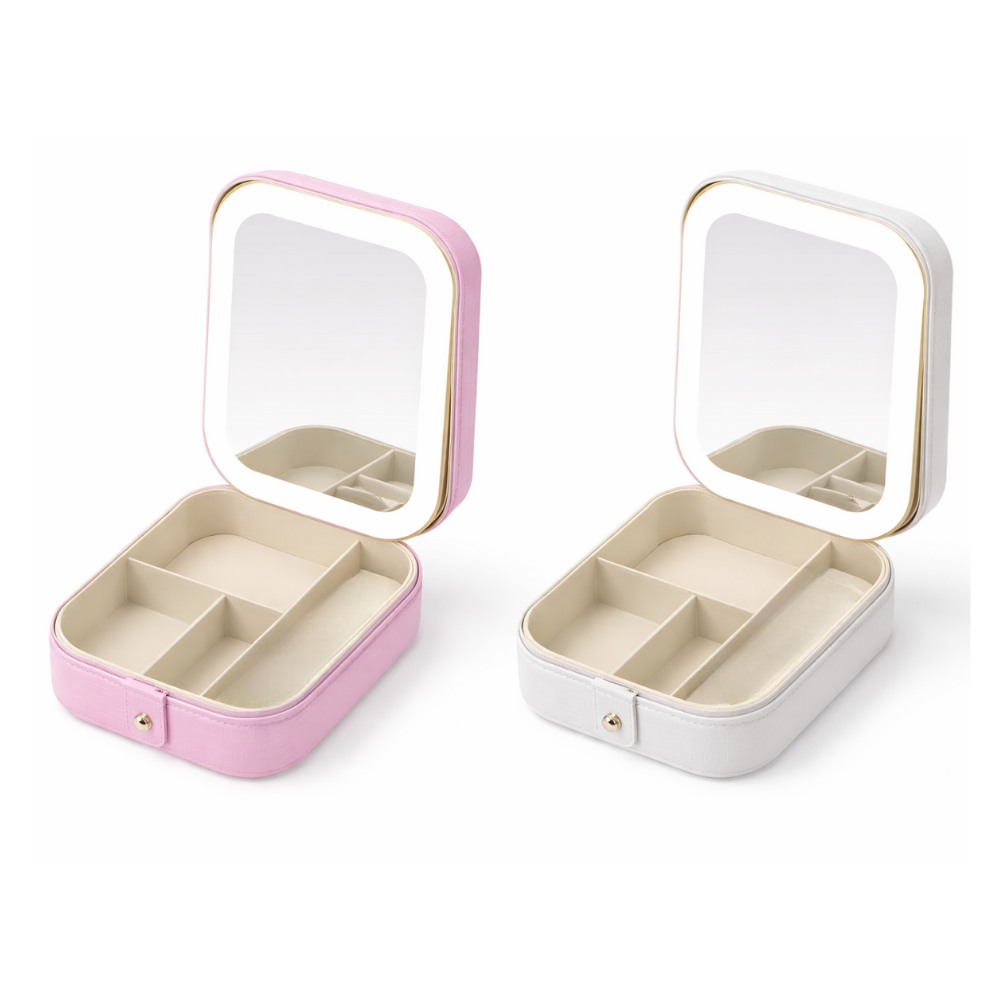 Maleta porta-joias e maquiagem com espelho e iluminação