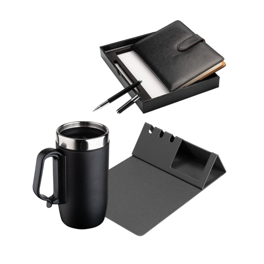 Imagem do produto Kit Go Escritório – Porta Caneta com Mouse Pad, Caderneta com Caneta e Caneca Térmica