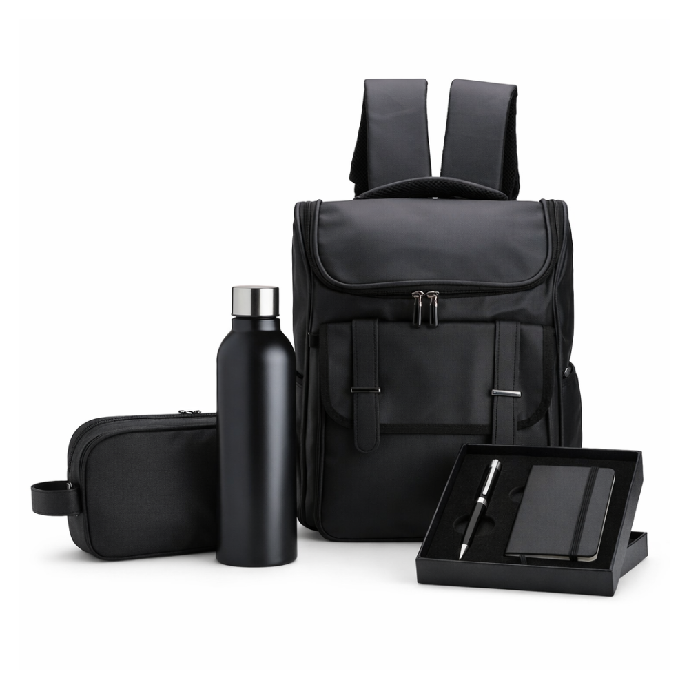 Kit Boas-Vindas Master – Mochila, Caderneta, Caneta, Garrafa e Nécessaire