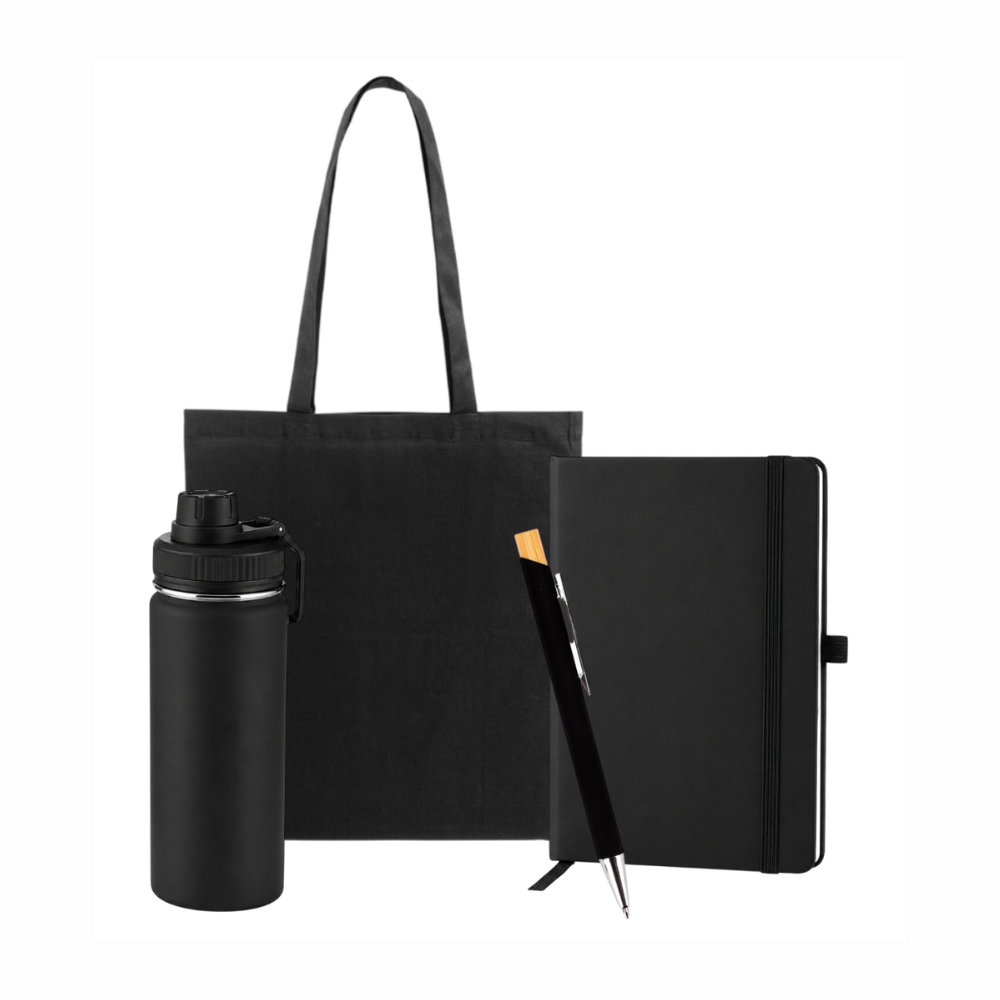 Kit Essencial composto de sacola, caneta, caderno e garrafa